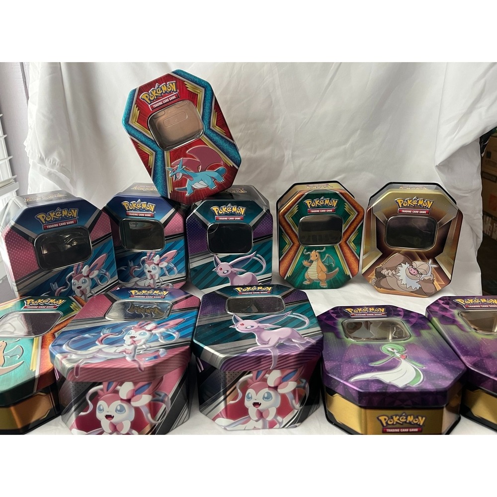 Lot of 11 Empty Pokemon TCG Mini Tins Sylveon Espeon Gardevoir Dragonite